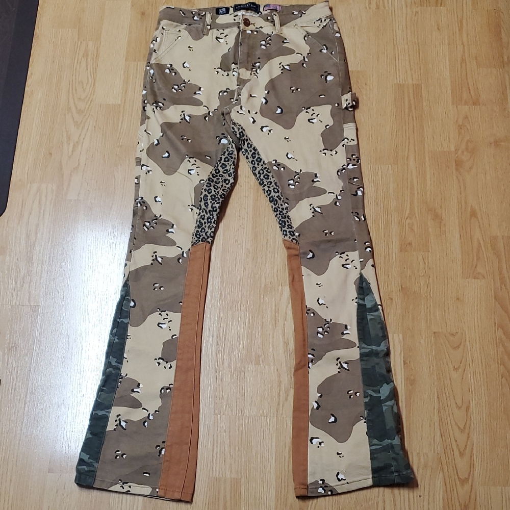 Distressed Tan and Brown Bootcut Jeans with Patchwork Design Size W34 - Picture 2 of 16